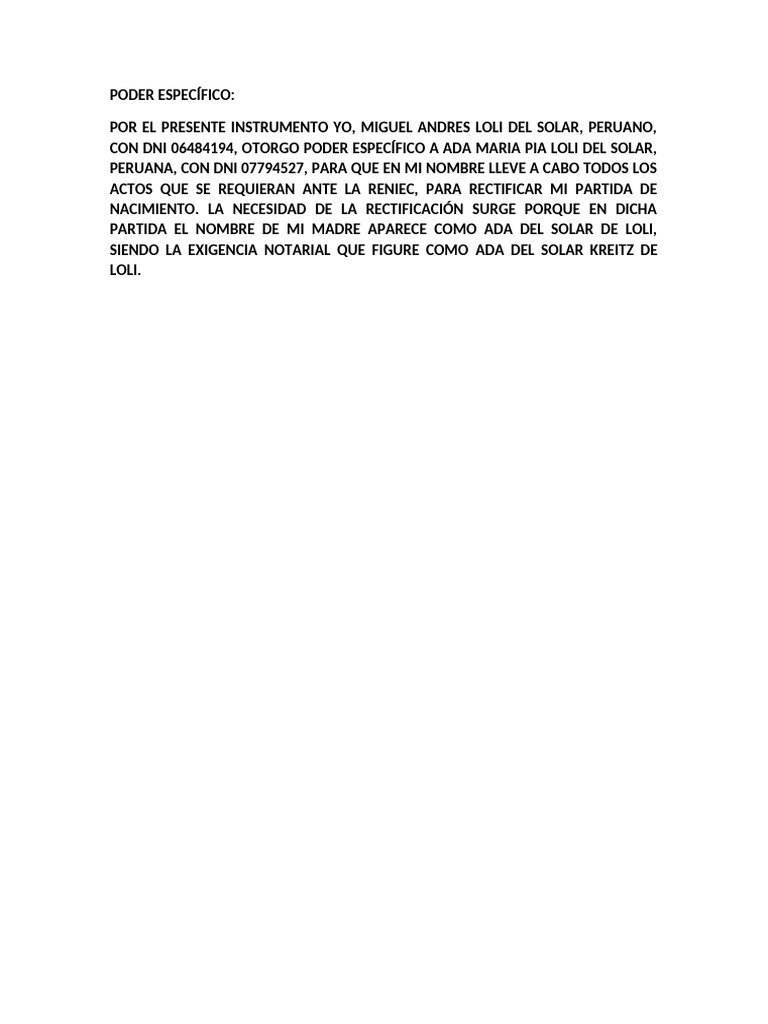 Poder Específico Consular Reniec Miguel A Maria Pia | PDF