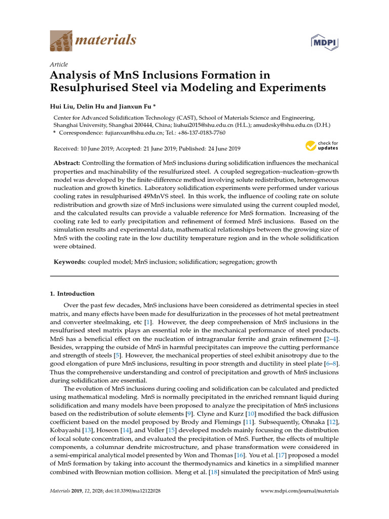Analysis of MNS Inclusions Formation in Resulphurised Steel Via ...