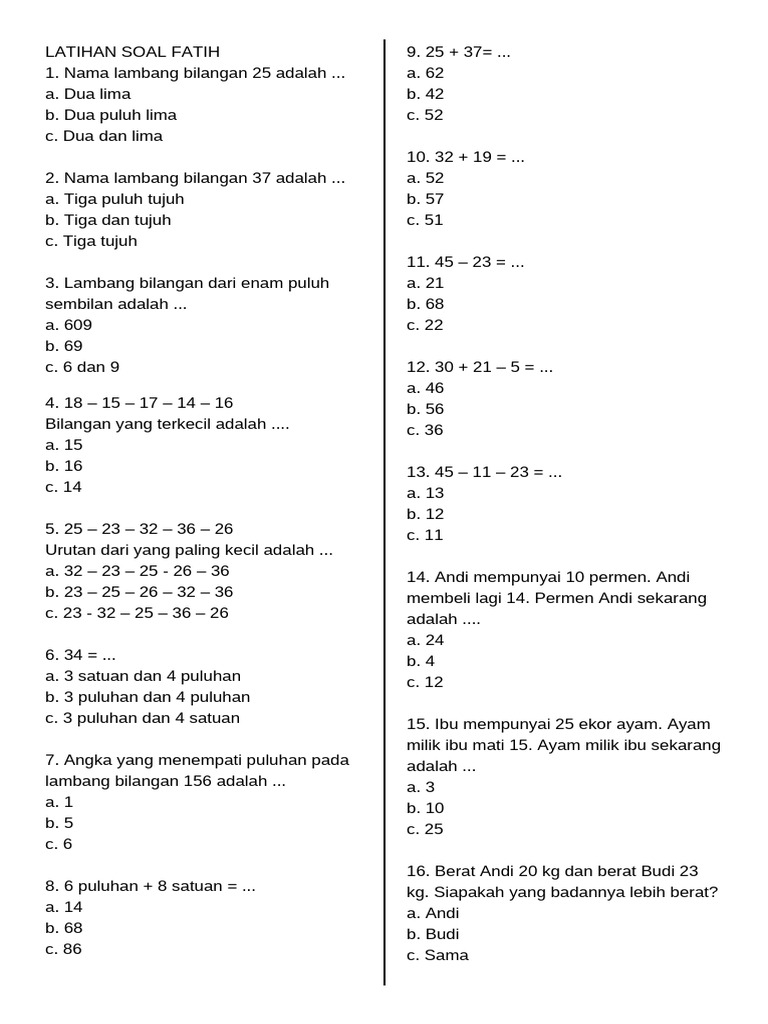 LATIHAN SOAL Matematika Kelas 1 | PDF