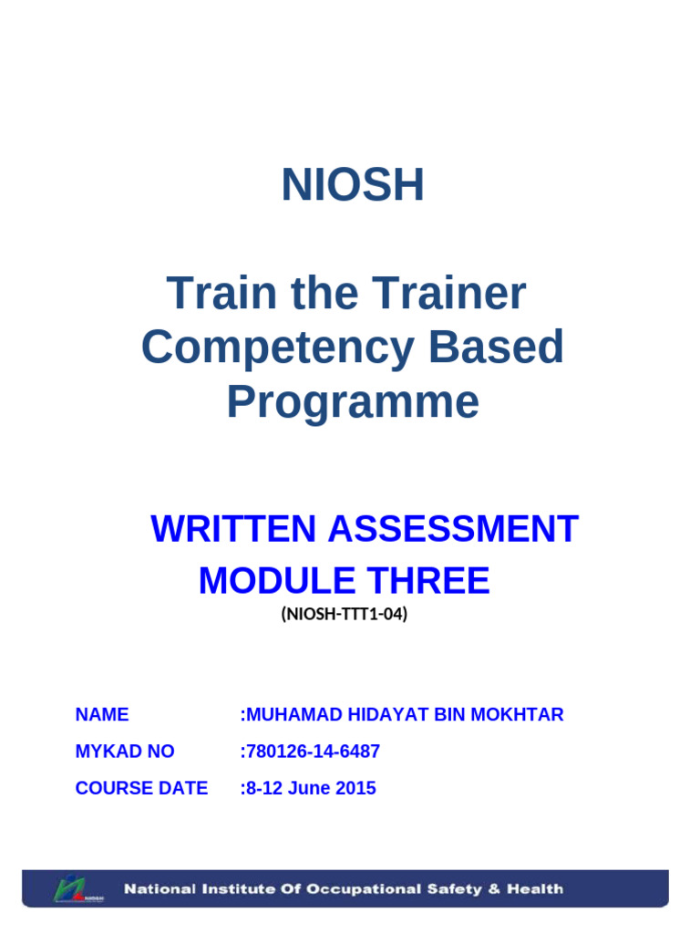 Niosh Train The Trainer Competency Based Programme: Written Assessment ...