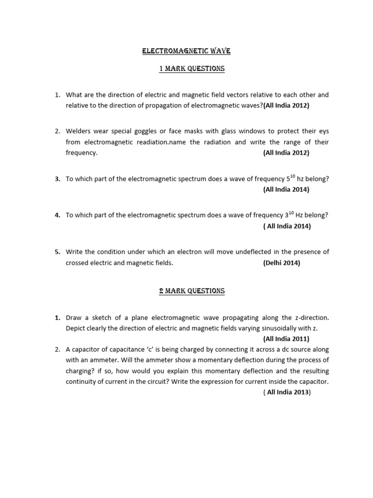 All India 2012 Electromagnetic Wave 1 Mark Questions Pdf