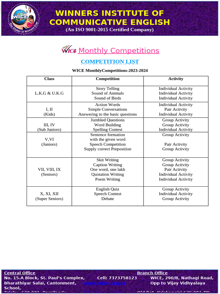 WICE Monthly Competitions List | PDF