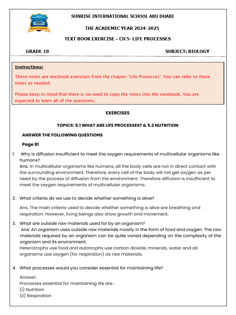 GR 10, Notes, CH 5 Life Processes TB Exercise | PDF