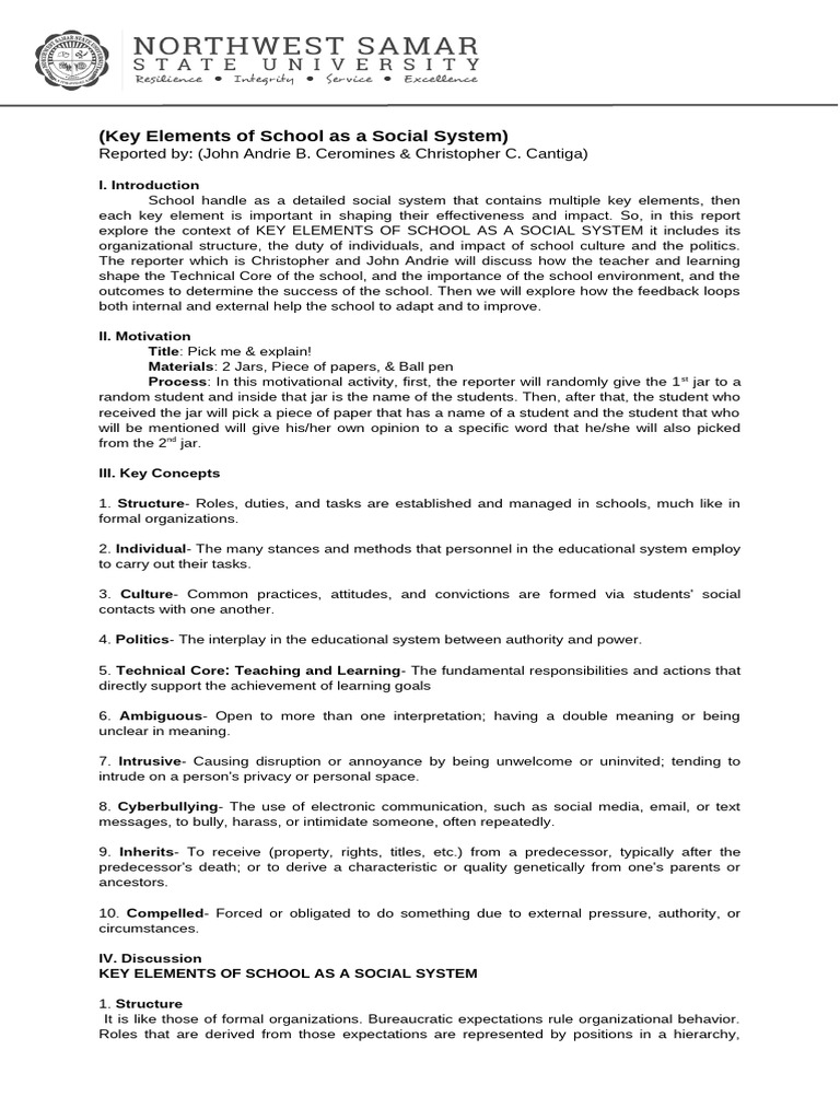 Unit 2, Sequence No. 6, Key Elements of School As A Social System ...