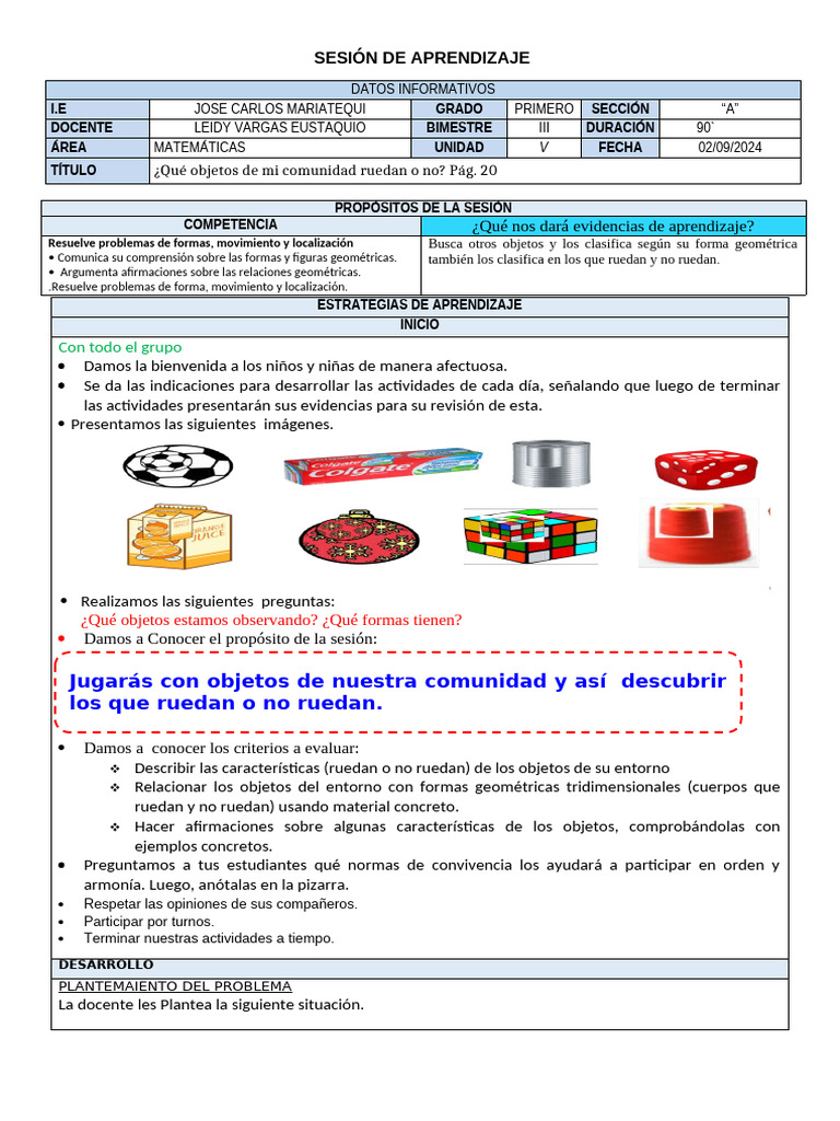Sesion Matematica Objetos Que Rueban y No Ruedan | PDF