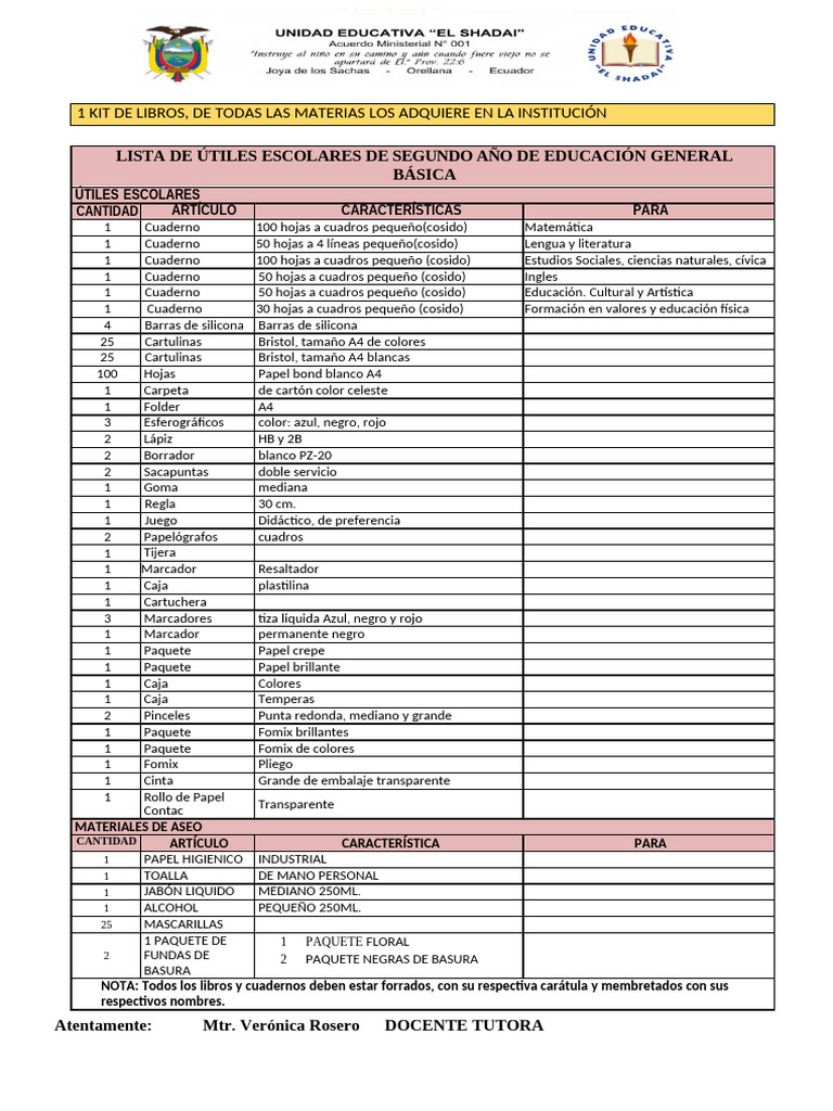 Lista de Útiles Escolares Segundo Grado | PDF | Cuaderno