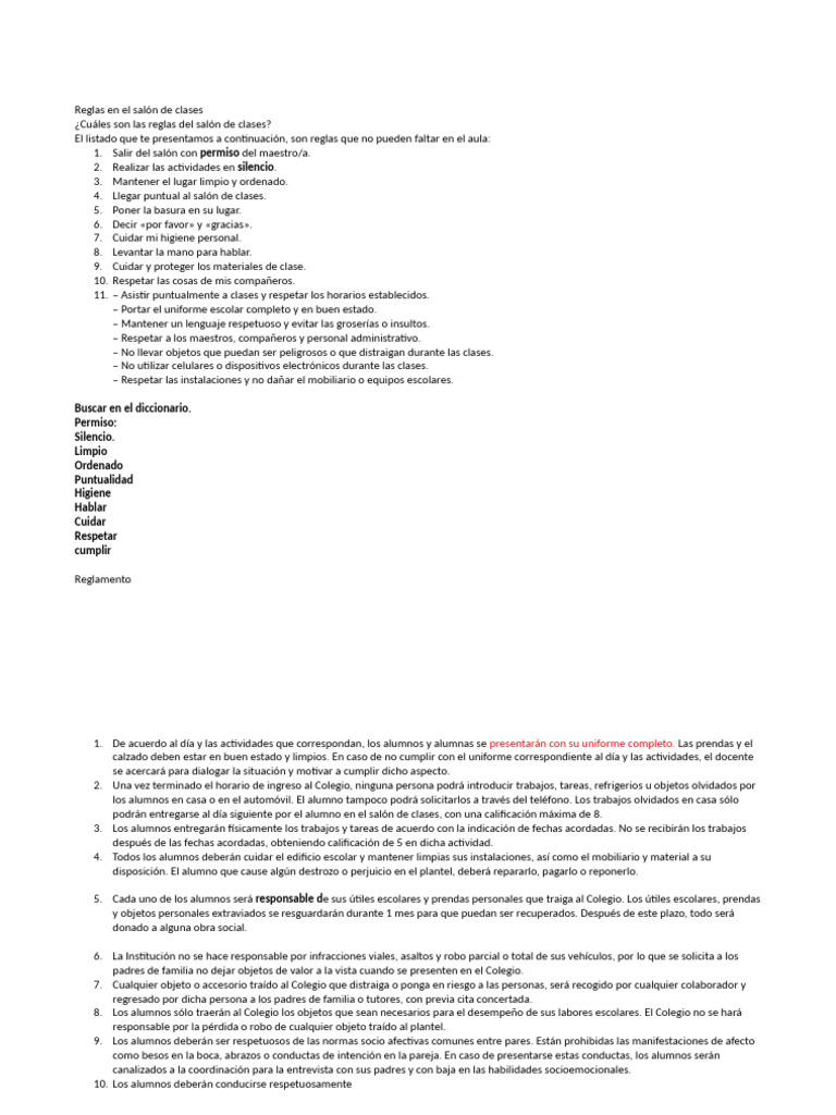 Reglas En El Salón De Clases Pdf