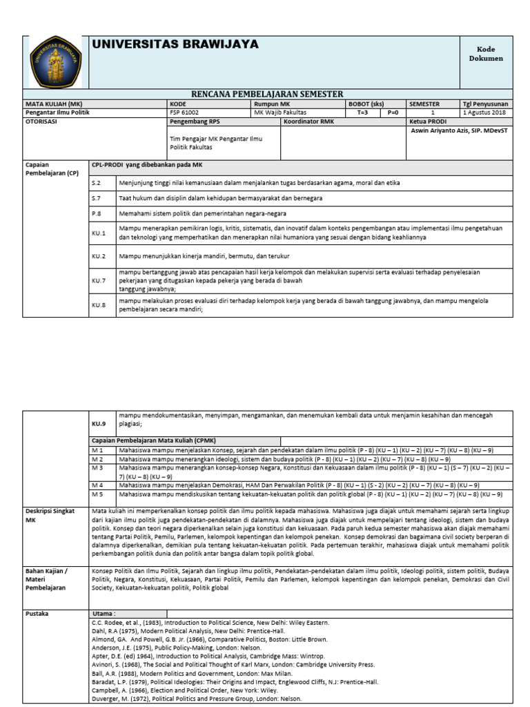 RPS Pengantar Ilmu Politik | PDF