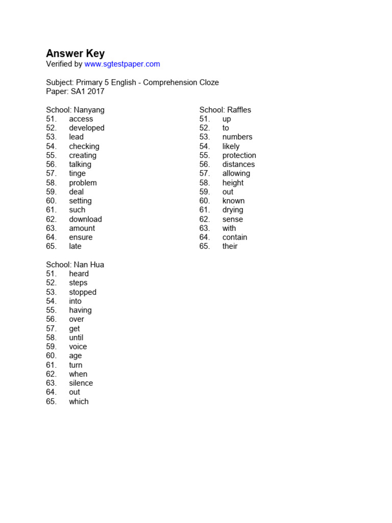 P5 Compre Cloze Worksheet SA1 2017 | PDF