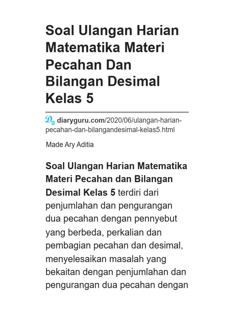 Soal Ulangan Harian Matematika Materi Pecahan Dan Bilangan Desimal ...
