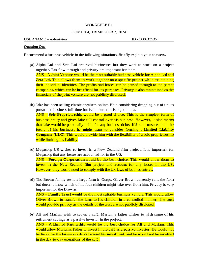 Worksheet 1 | PDF | Limited Liability Company | Sole Proprietorship