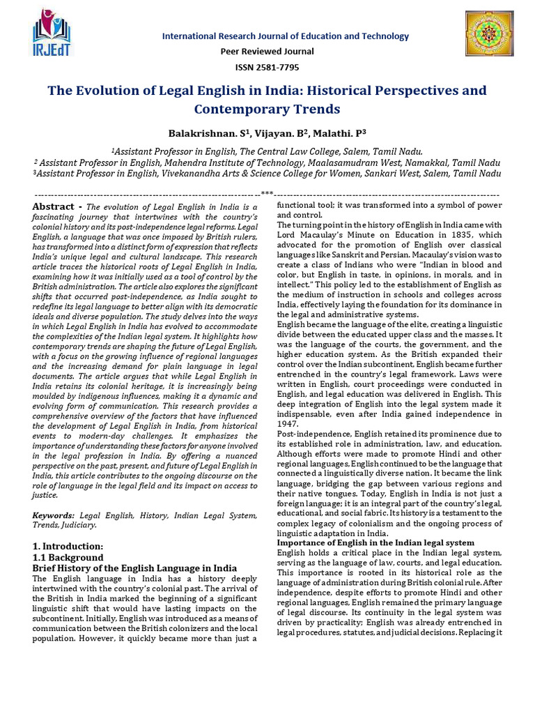 The Evolution of Legal English in India Historical Perspectives and ...