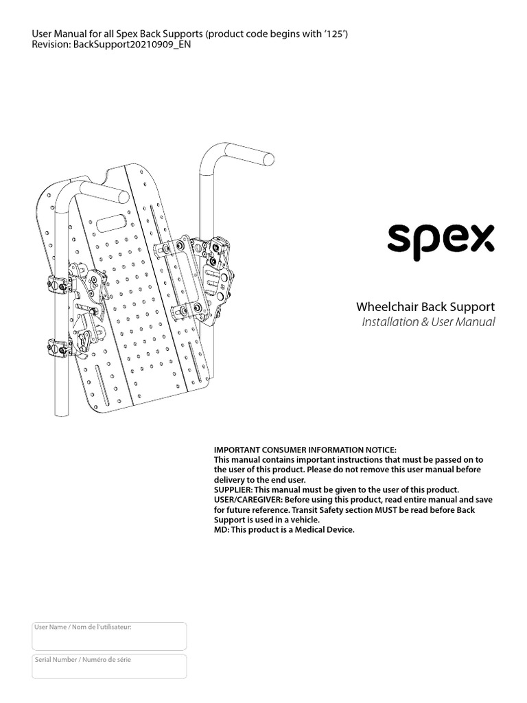 Spex Wheelchair Back Support Installation & User Manual | PDF | Wheelchair