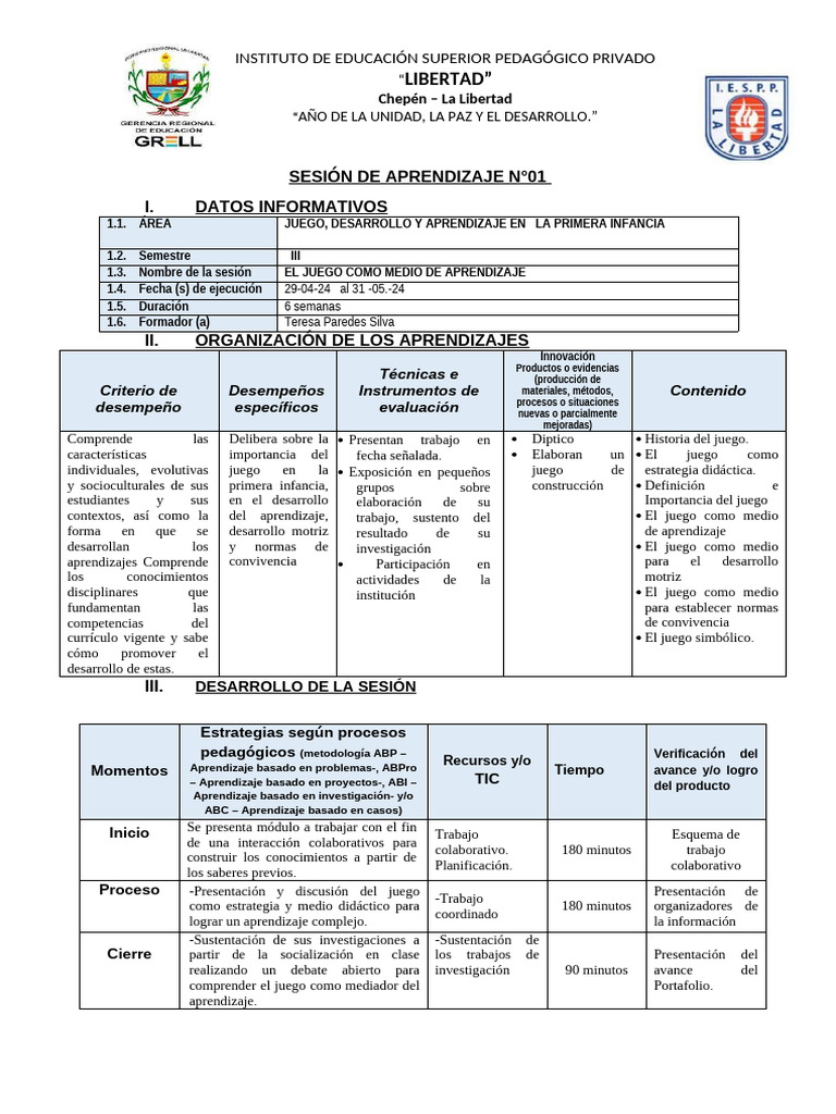 Sesiones Juego, Desarrollo y Aprendizaje en La Primera Infancia | PDF