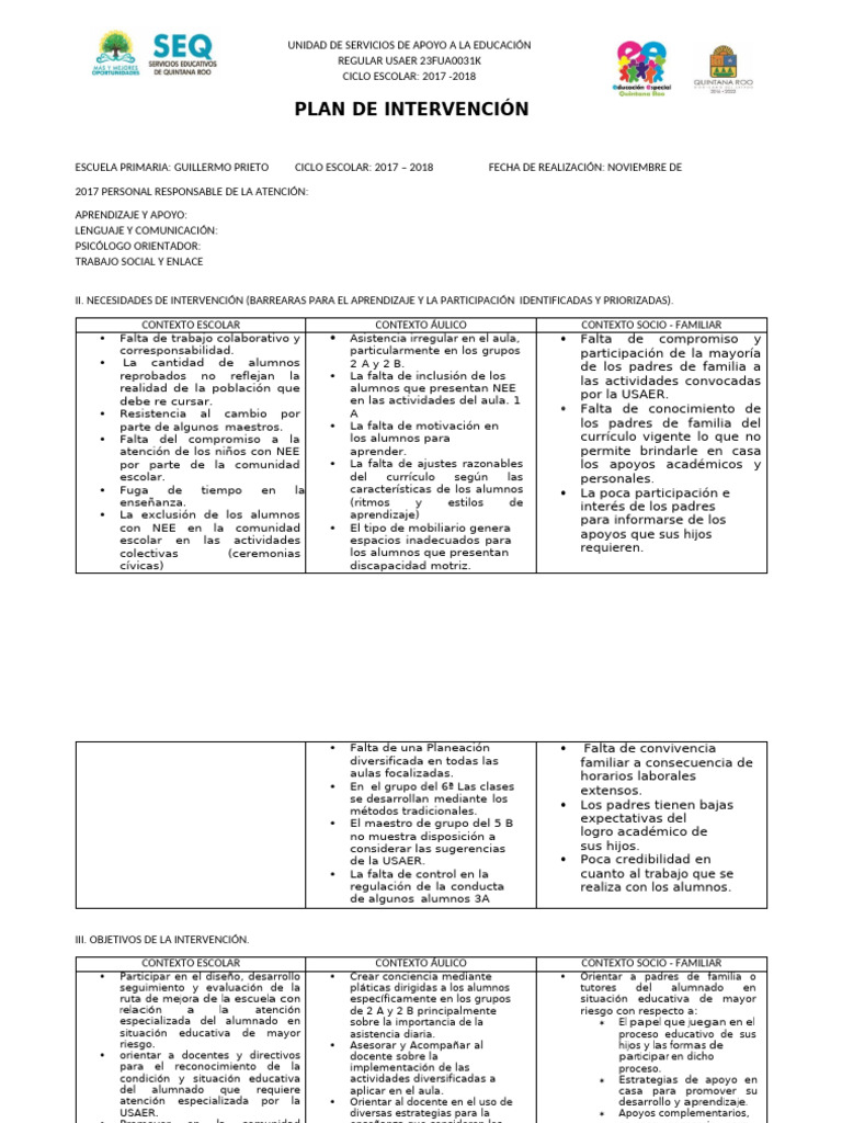 Formato Plan de Intervencion | PDF
