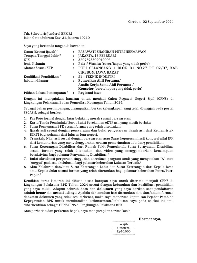 Format surat lamaran cpns bpk 2024 rev pdf