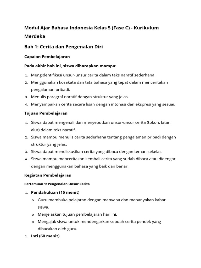 Modul Ajar Bahasa Indonesia Kelas 5 (Fase C) - Kurikulum Merdeka | PDF