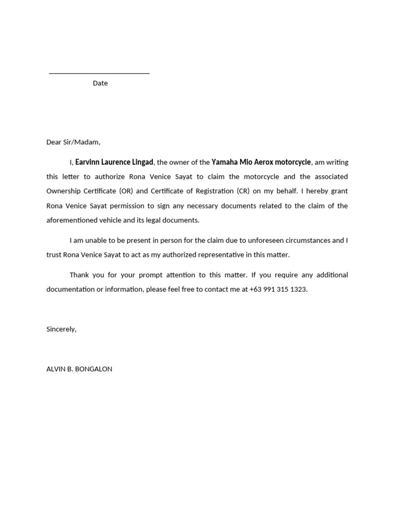 Motor Loan - Authorization Letter | PDF