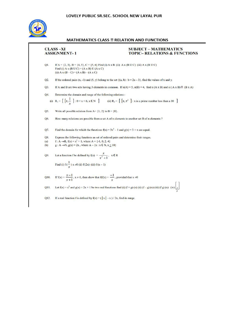 Assignment Relation and Function Class 11 06072024 131430 | PDF
