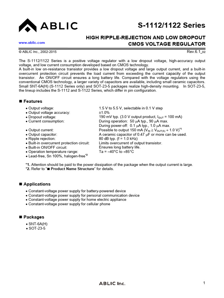 S-1112/1122 Series: High Ripple-Rejection and Low Dropout Cmos Voltage ...
