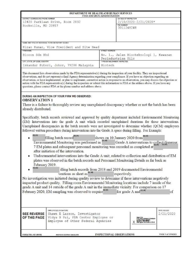 Biocon SDN BHD Johor, Malaysia 02.10 Through 21.2020 483 | PDF