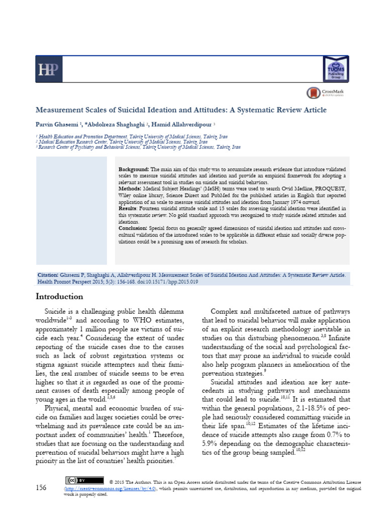 Measurement Scales of Suicidal Ideation and Attitudes A Systematic ...