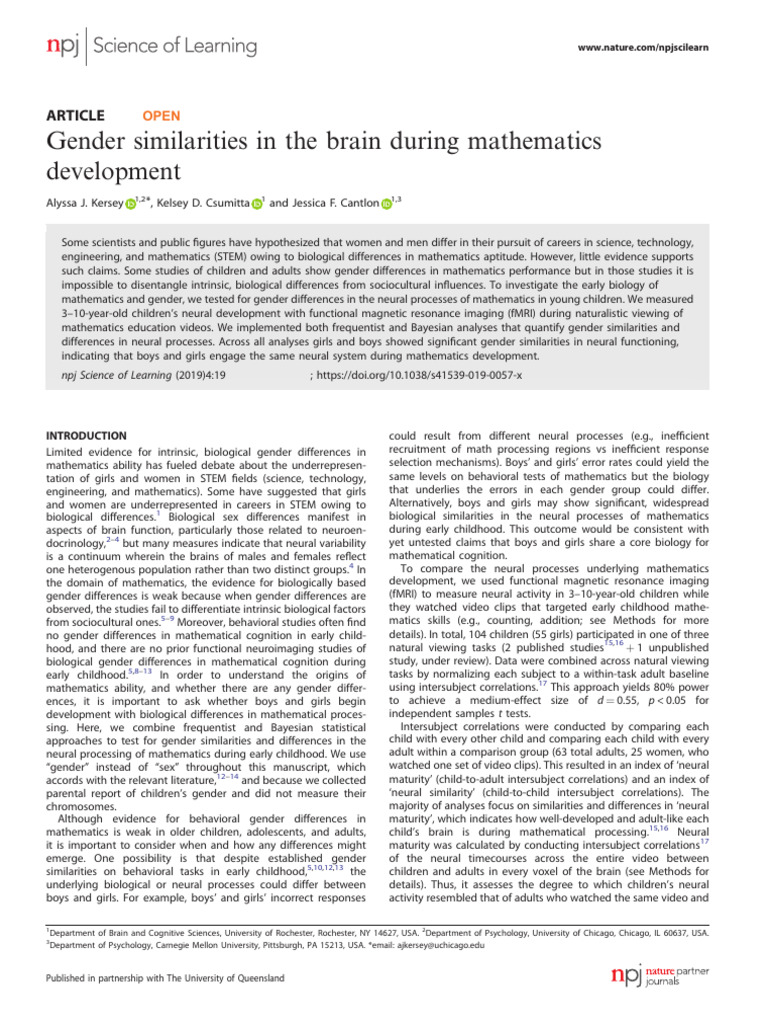 Gender Similarities in The Brain During Mathematics | PDF