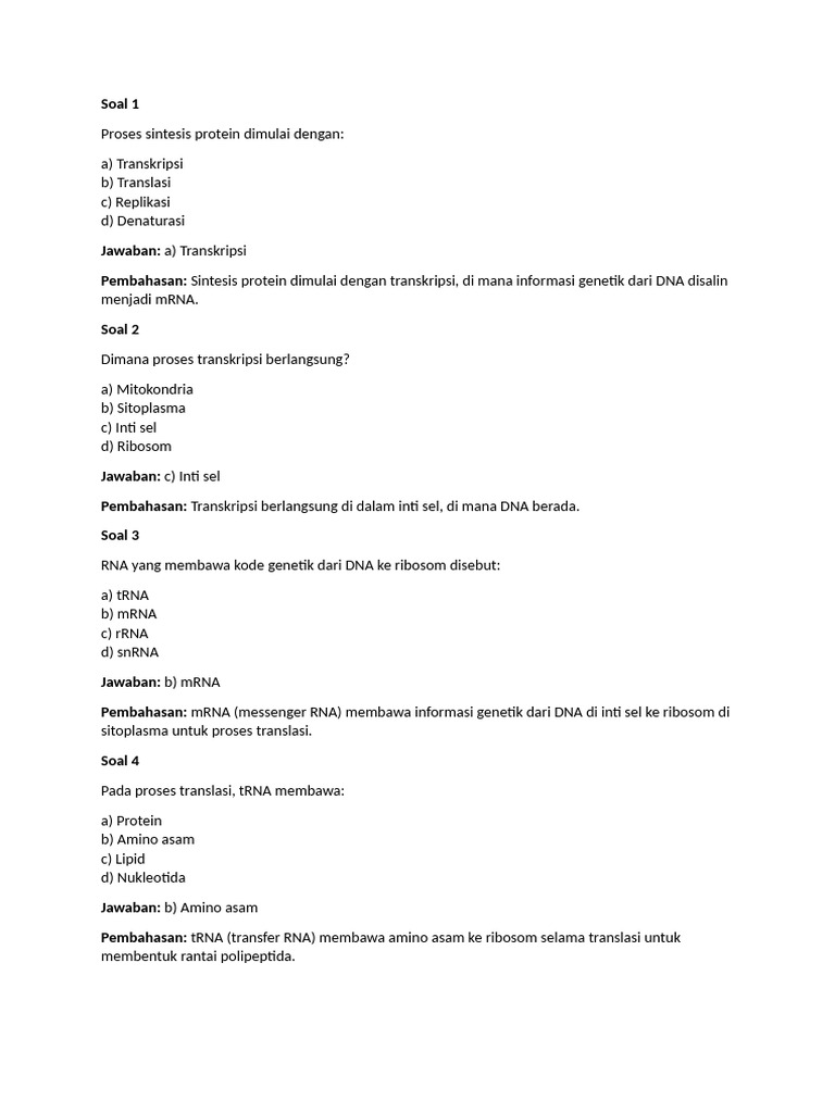 Soal Dan Jawaban Sintesis Protein Biologi Kelas 11 | PDF
