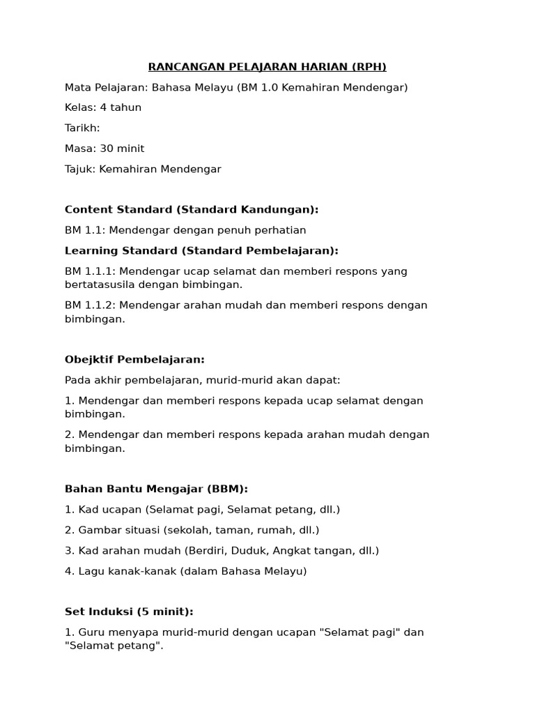 Contoh RPH BM 1.0 Kemahiran Mendengar | PDF
