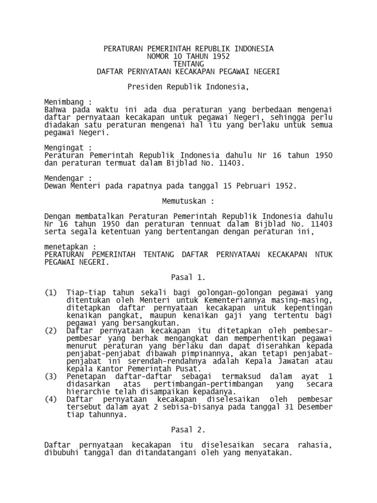 PP No. 010 Tahun 1952 | PDF