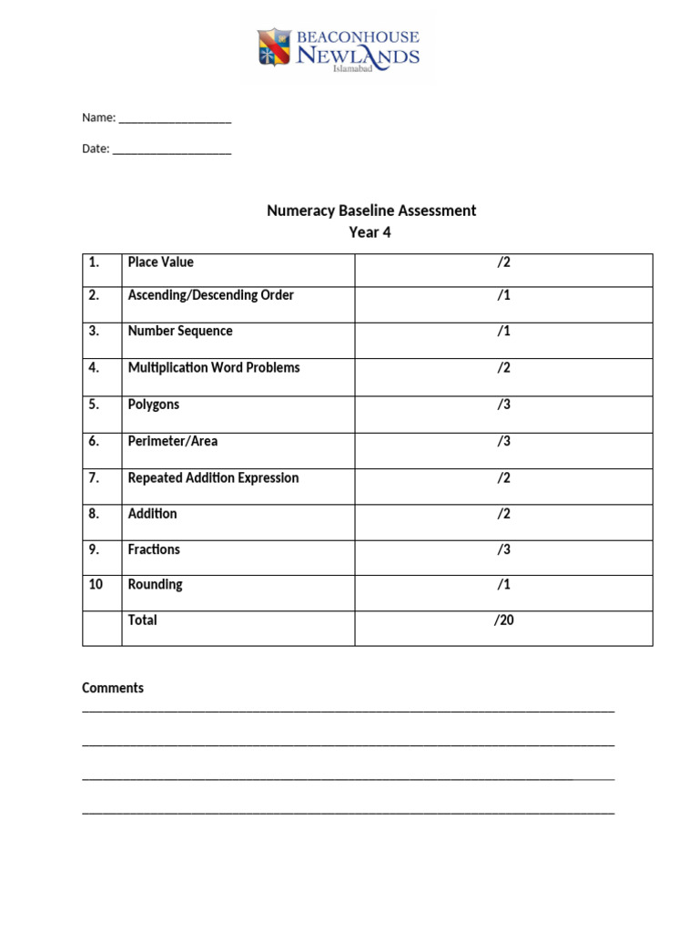 Year 4 numeracy baseline assessment pdf