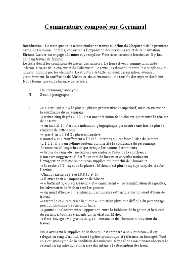 Commentaire composé sur Germinal | Fiction et littérature