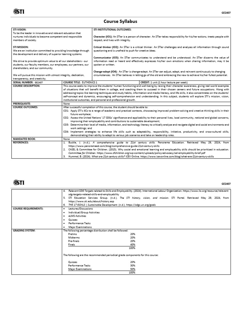 Euthenics 1 Course Syllabus | PDF | Critical Thinking | Creativity