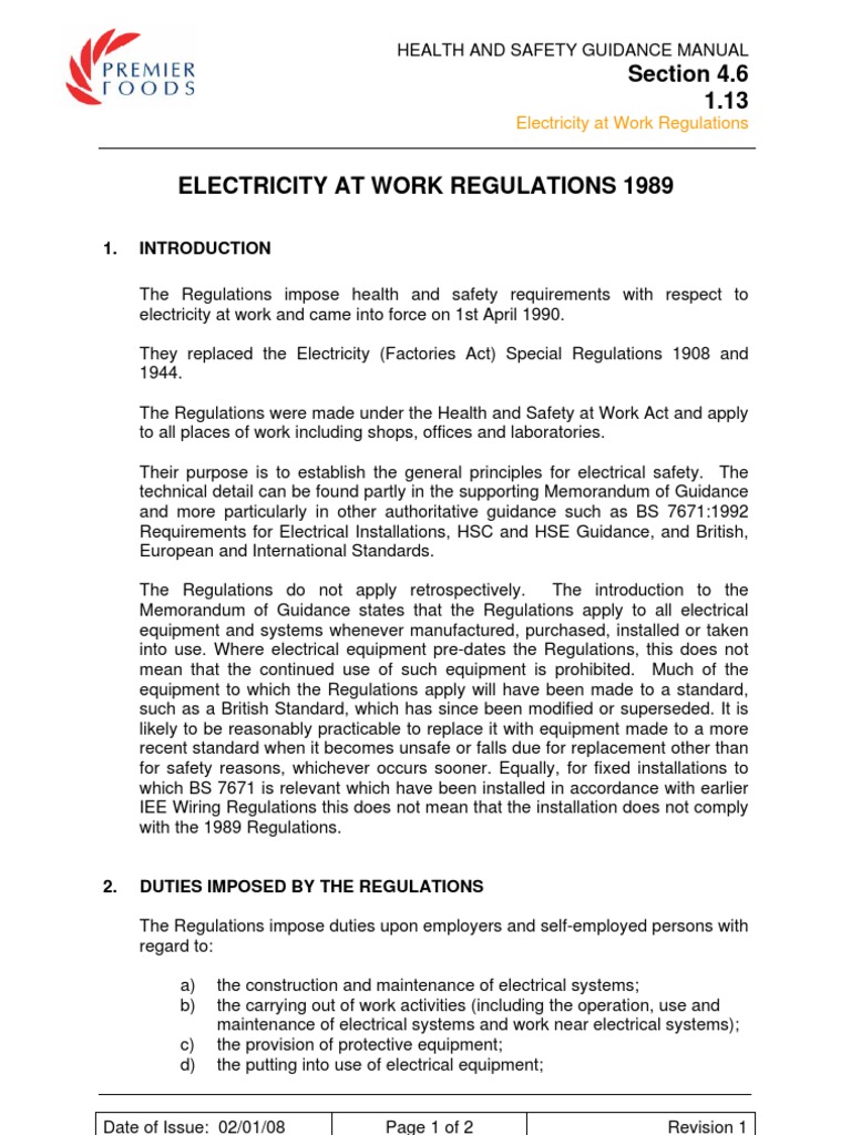 4.6 1.13 Electricity at Work Regulations 1989 Safety Electricity