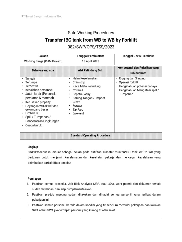 082 SWP - Transfer IBC Tank From WB To WB by Forklift (PHM Project) | PDF