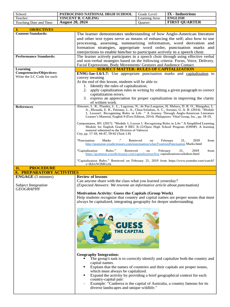 Eng 7 Q1 Week 4 Rules Of Capitalization Pdf