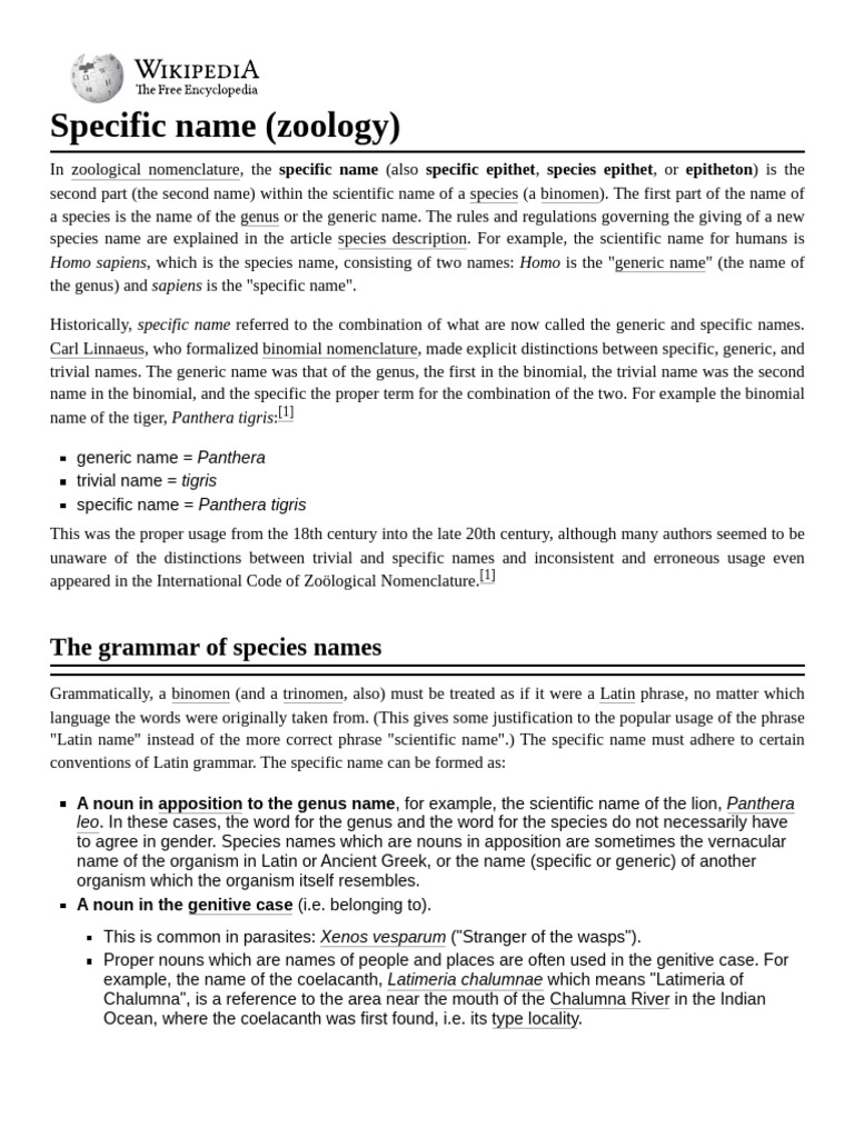 Specific Name (Zoology) - Wikipedia | PDF
