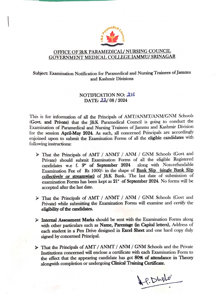 Examination Notification For Paramedical and Nursing Jammu and Kashmir ...