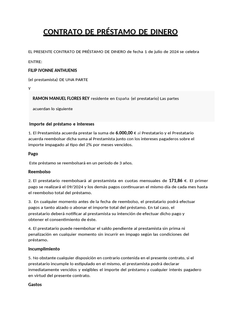 Contrato de Préstamo de Dinero | PDF
