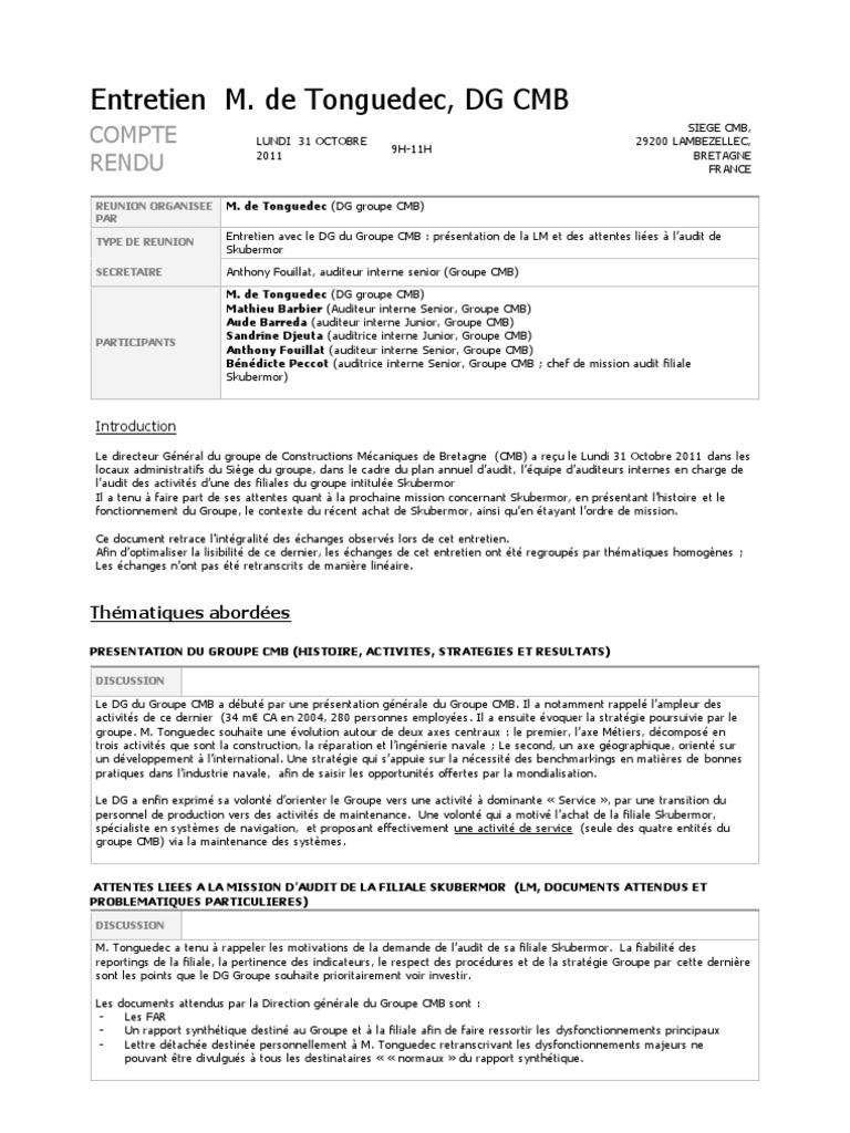 CompteRendu Entretien Audit DG Groupe  Audit  Business