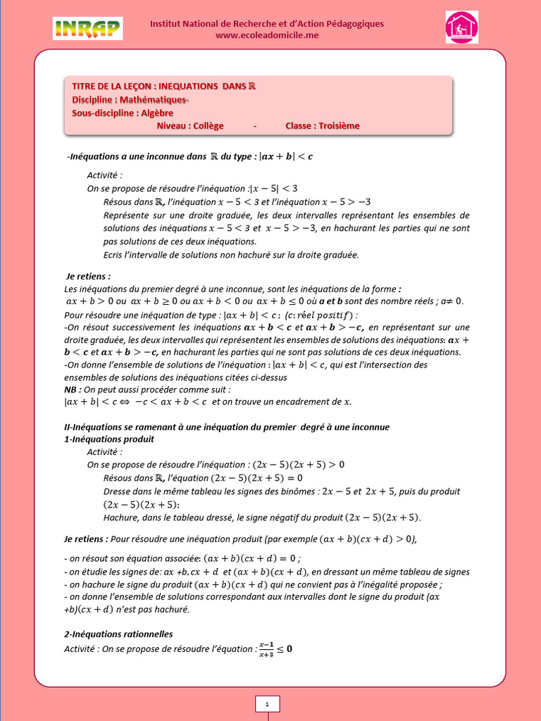 Maths 3e Inequations Dans Ir Pdf
