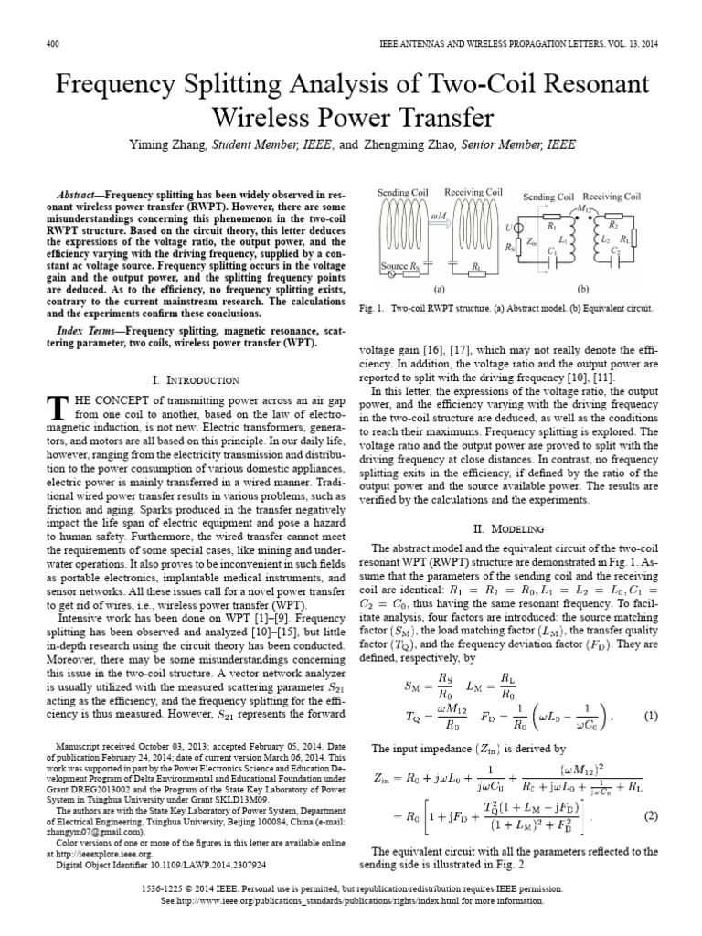 Frequency Splitting Analysis of Two-Coil Resonant Wireless Power ...