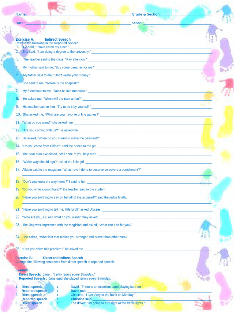 Direct Indirect Speech Exercises Pdf
