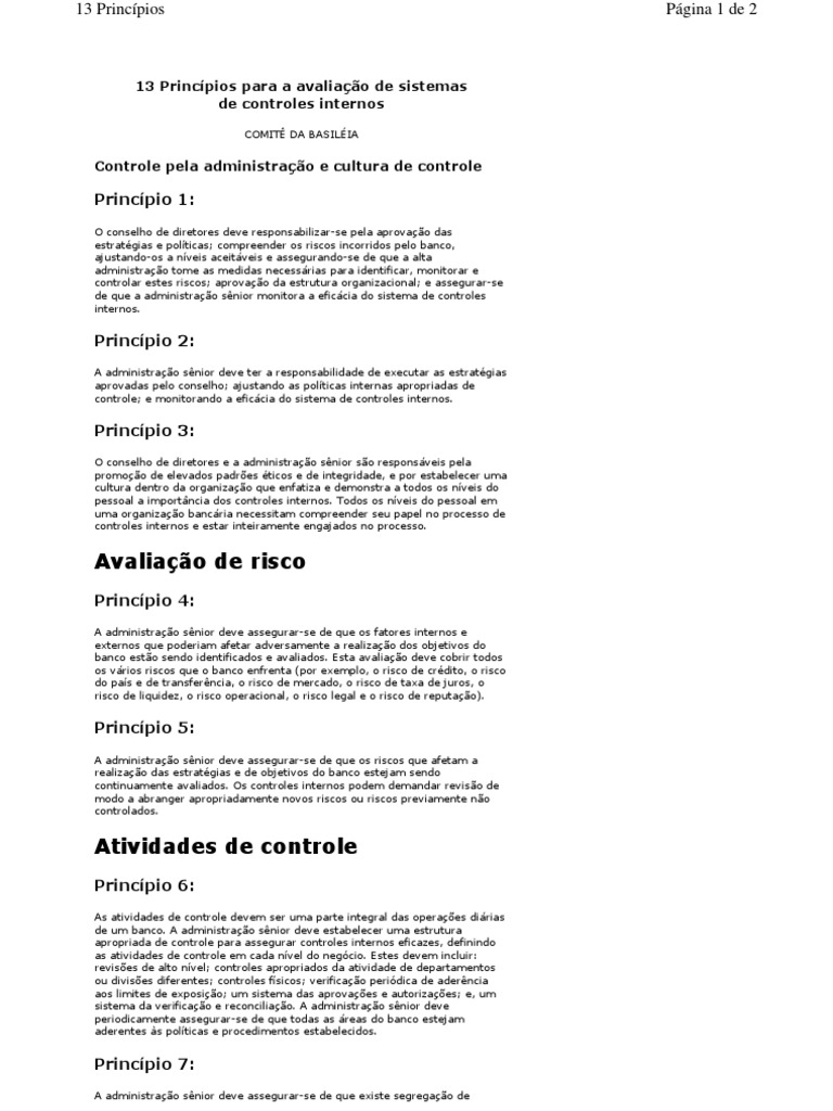 13 Principios de Controle Interno | PDF | Risco | Auditoria interna