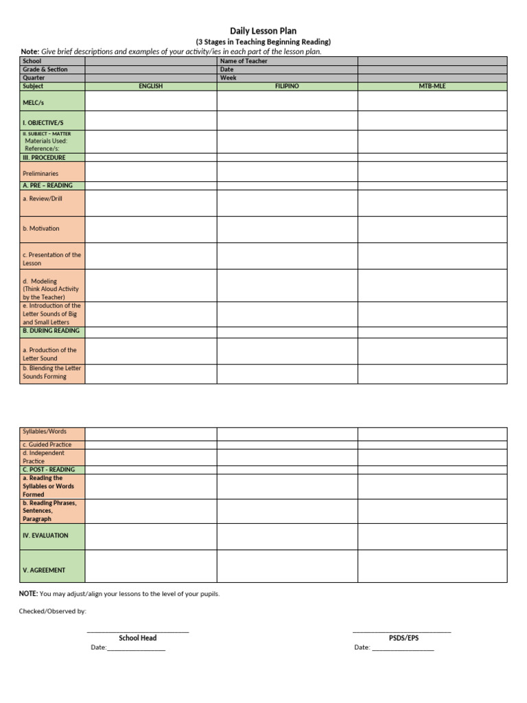 Daily lesson plan in teaching beginning reading for mtb filipino