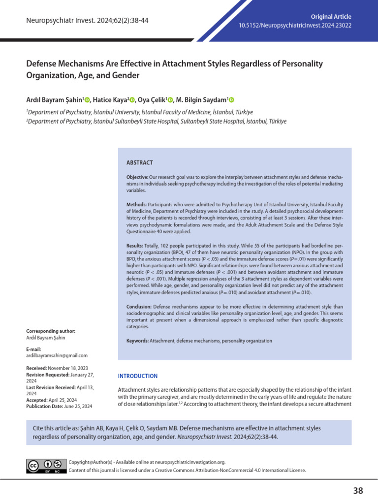 Defense Mechanisms Are Effective in Attachment Styles Regardless of ...
