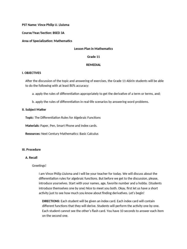 Grade 11 Remedial Math Lesson Plan | PDF | Derivative | Teaching ...