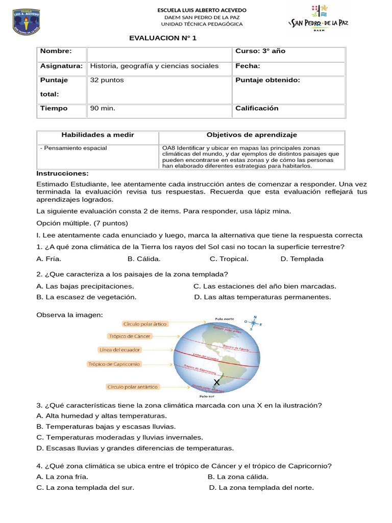 Evaluación de Zonas Climáticas 3° Año | PDF | Clima | Clima templado