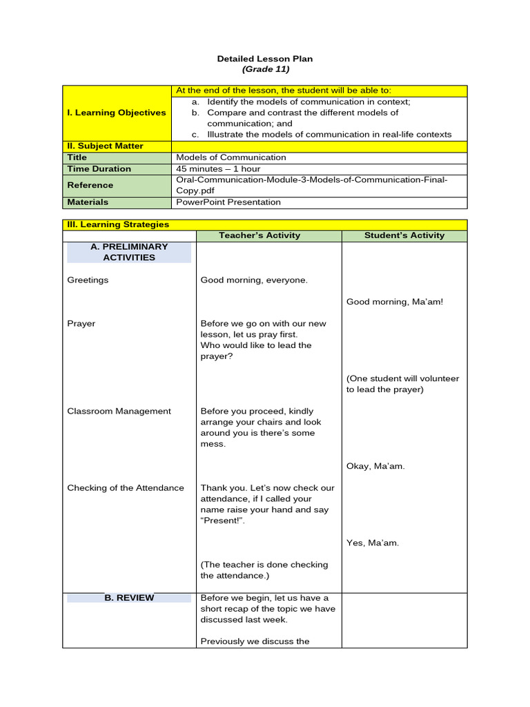 Models of Communcation LESSON PLAN | PDF