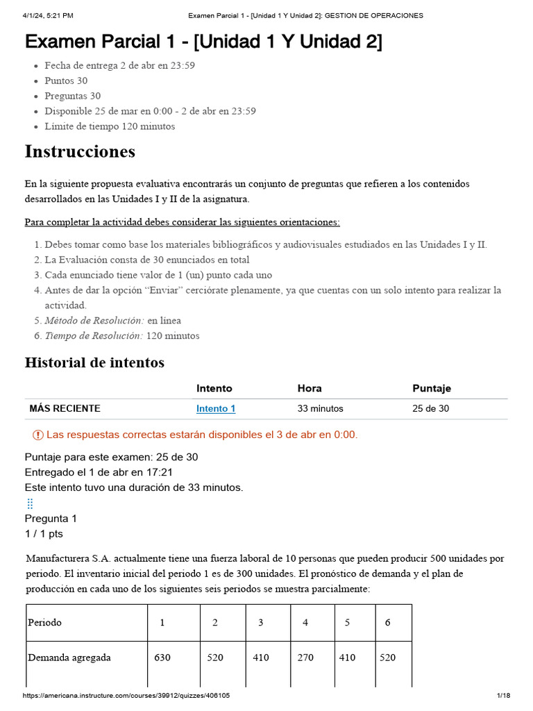 Examen Parcial 1 Unidad 1 y Unidad 2 Gestion de Operaciones 1 | PDF